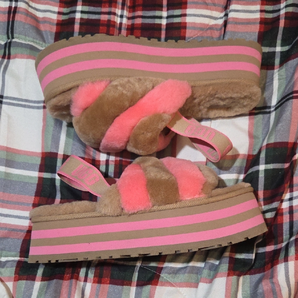 Ugg Pink and Tan Striped Platform Slippers
